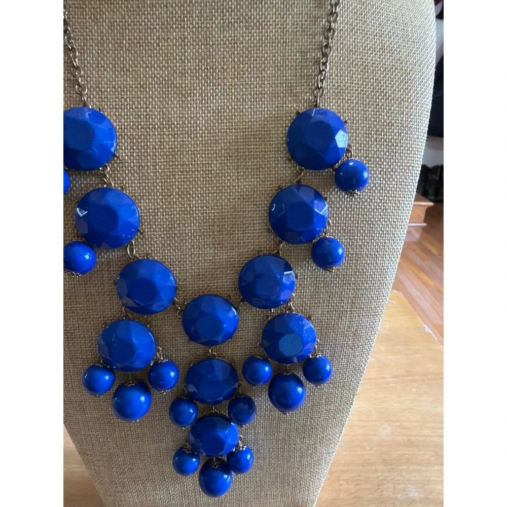 Cobalt Blue Statement Bib Necklace Chunky‎ Faceted Bead Cluster Brass Tone Boho